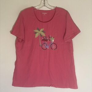 Kim Rogers Shirt Womens XL Pink Scoop Neck Flamingo Bike Sequin Graphic Tee